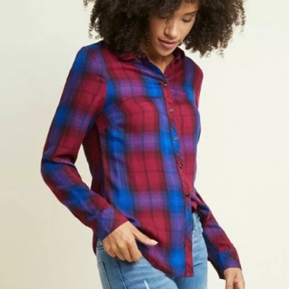 Modcloth Plaid Button Down Long Sleeve Round Collar Shirt XS